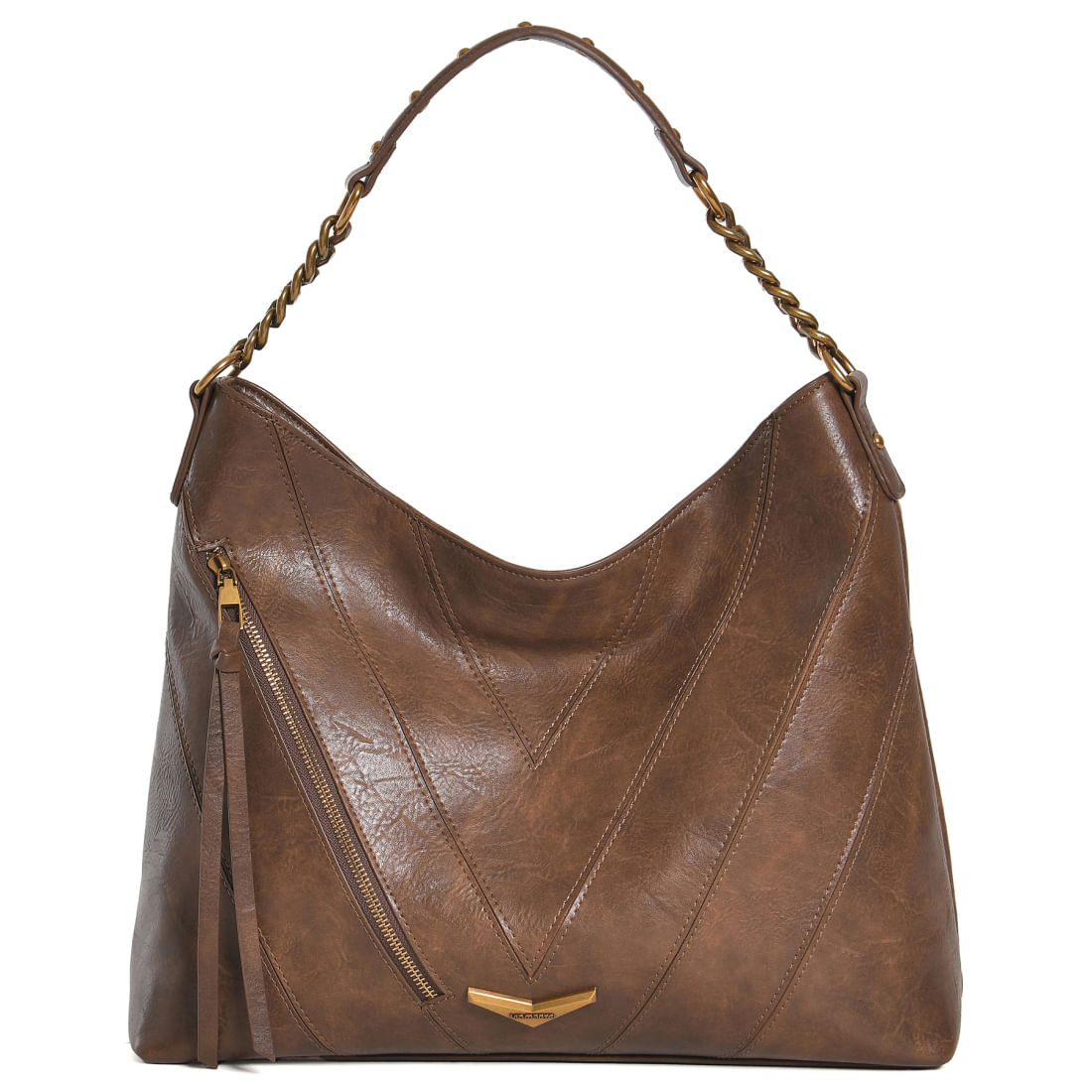 Bolsa Via Marte Hobo Marrom Matelassê vista frontal com detalhes em tachas e correntes douradas
